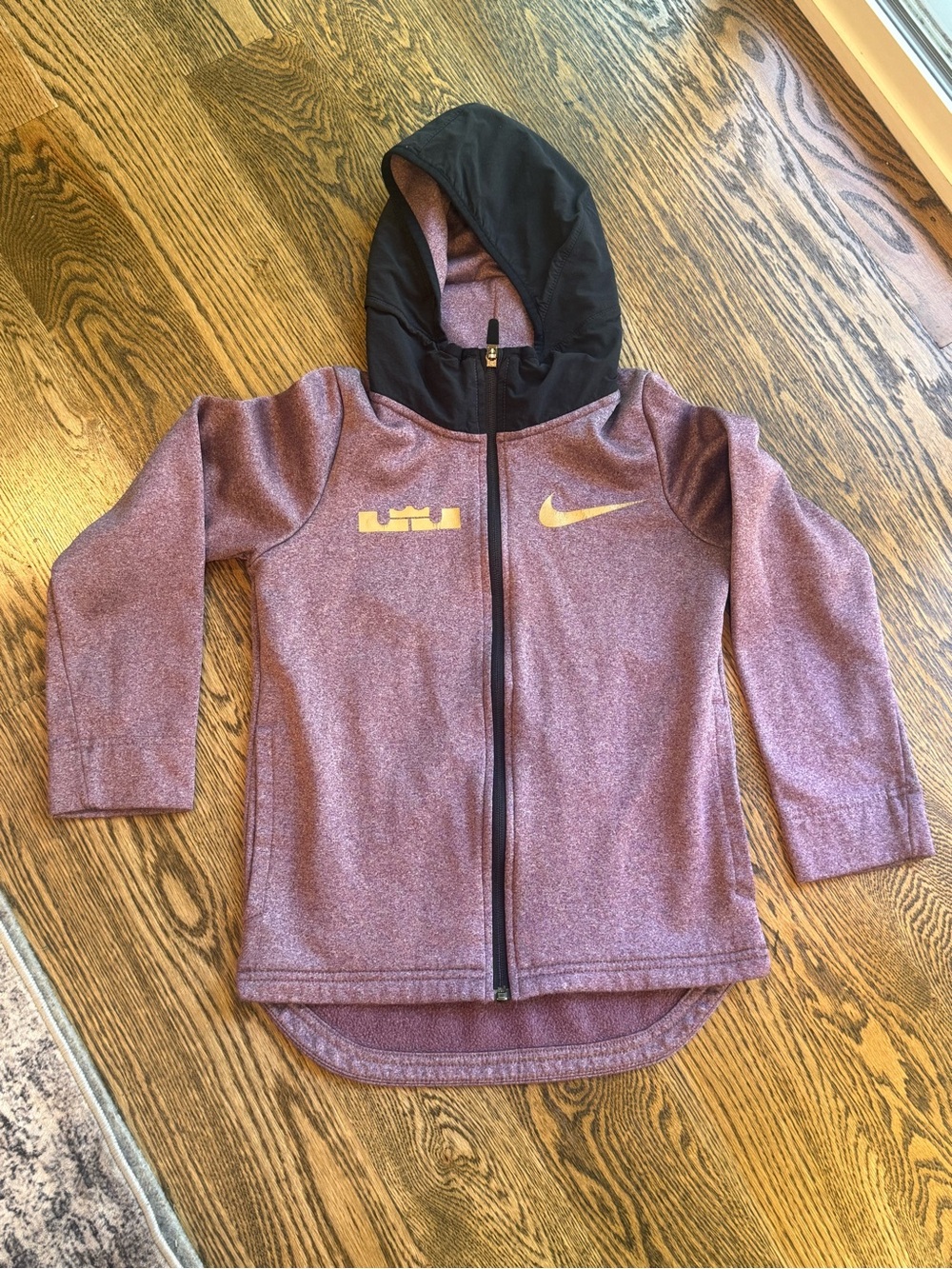 Nike LeBron Kids Purple Full-Zip Hoodie with Black Hood and Gold Logos